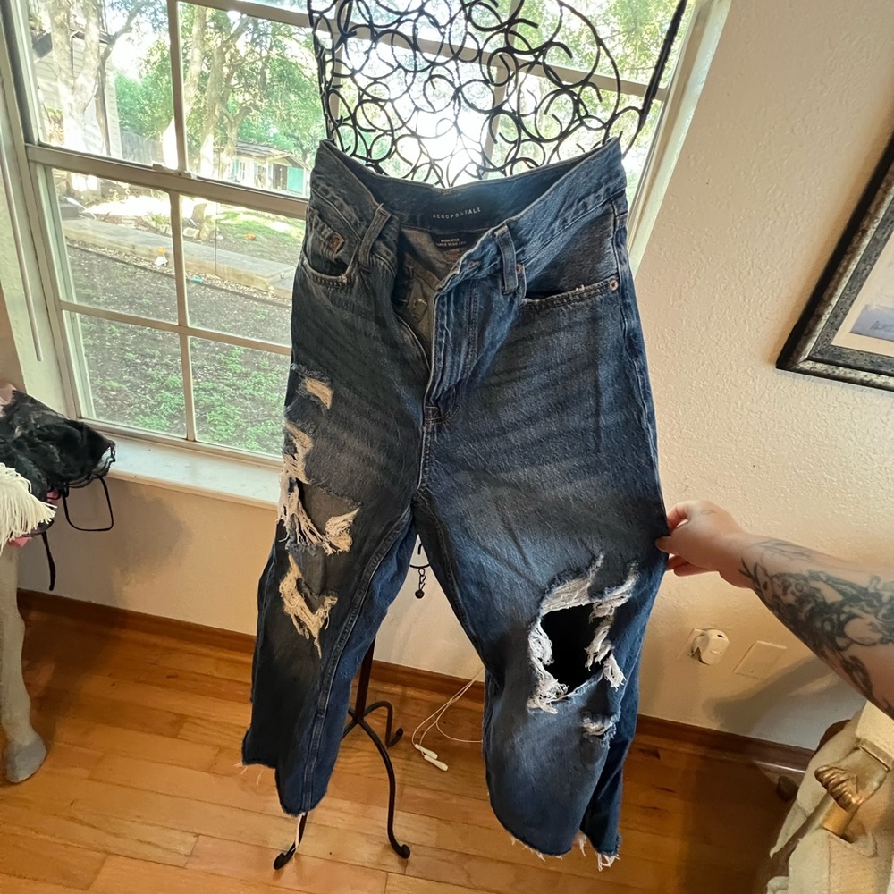 Aeropostale Blue Flare Wide Leg Jeans with Distressed Details